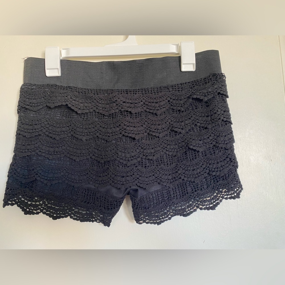 Size Medium Canclay Solid Black Crochet Shorts Lined Elastic Waist Cottagecore